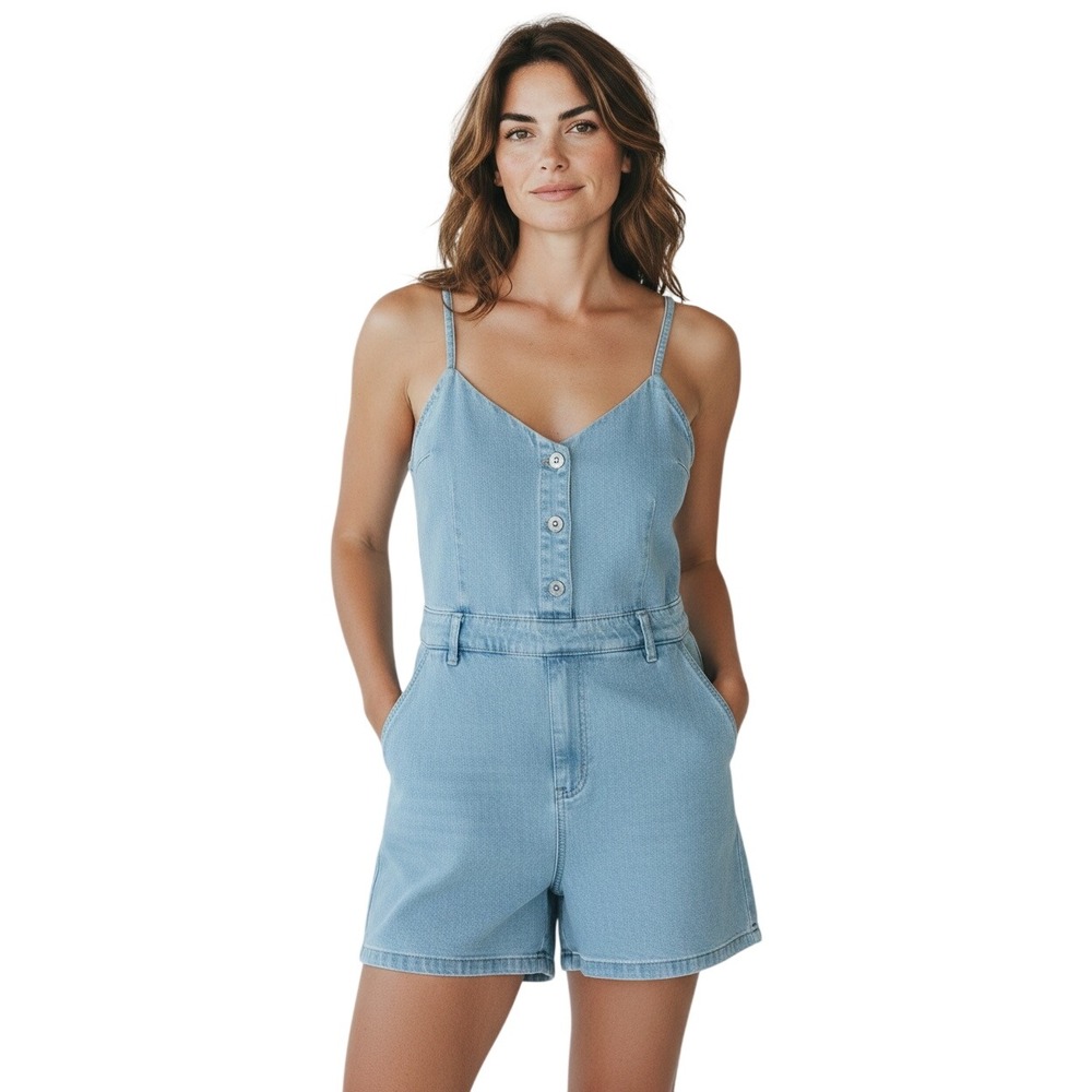 Day + Moon Lite Blue Button Front V-Neck Romper Spaghetti Strap L Boho Soft Girl